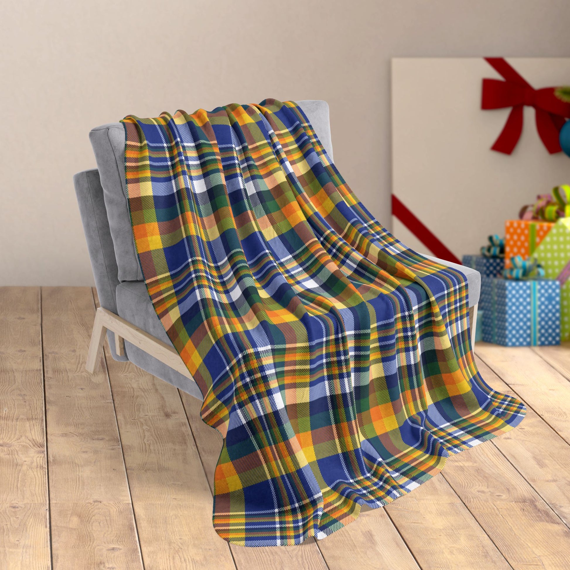 Christmas Blue & Yellow Los Angeles CA Plaid Fleece Sherpa Blanket