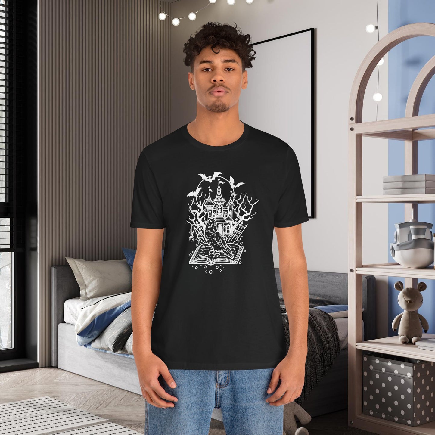 Lovebird on a Spell Book by a Haunted House, Line Art Tee