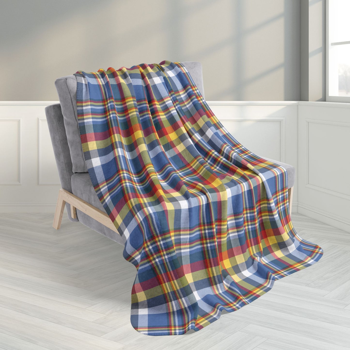 50" × 60" Blue, White, Yellow & Red Gurnee IL Plaid Fleece Sherpa Blanket