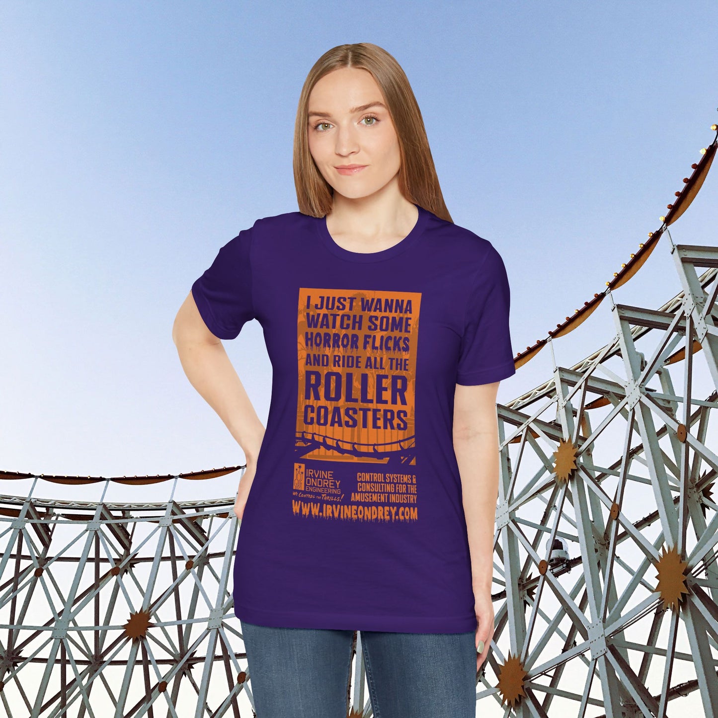 I Just Wanna Watch Horror Flicks & Ride Roller Coasters Tee (FRONT graphic) • Irvine Ondrey Engineering