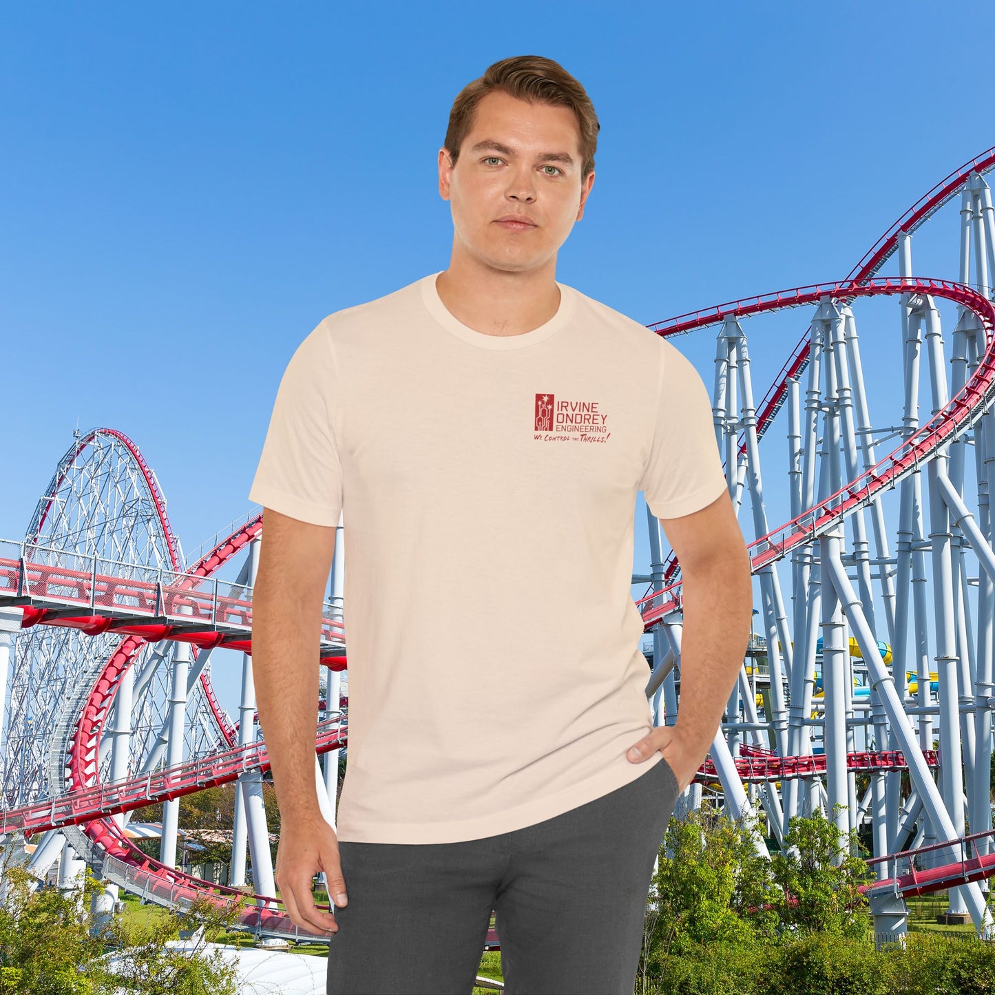 I Just Wanna Watch Horror Flicks & Ride Roller Coasters Tee (BACK graphic) • Irvine Ondrey Engineering