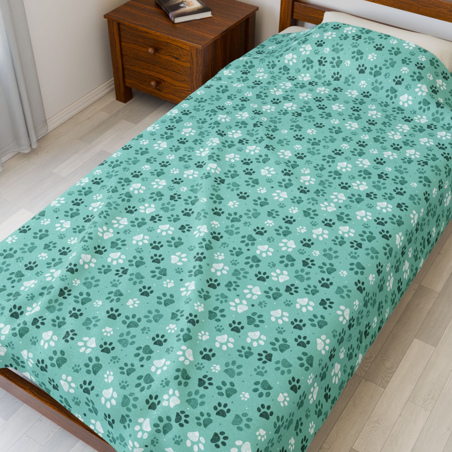 Seagreen Paw Prints Velveteen Plush Blanket