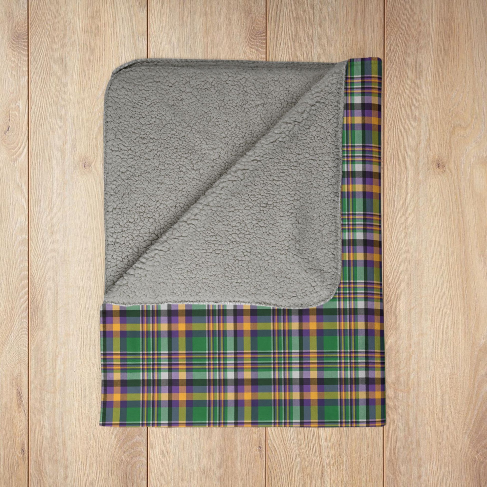 Mardi Gras Green Plaid Fleece Sherpa Blanket