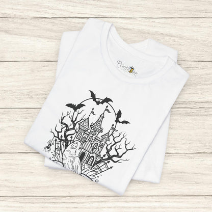 Lovebird on a Spell Book by a Haunted House, Line Art Tee