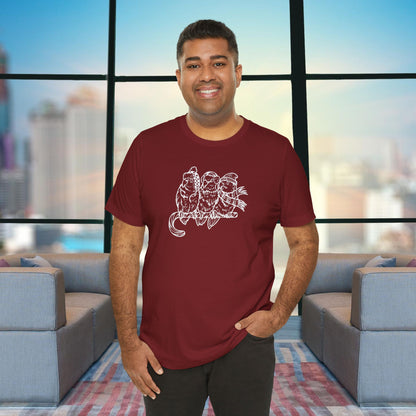 3 Lovebirds in Winter Wear & Perched on a Candy Cane, Line Art Tee