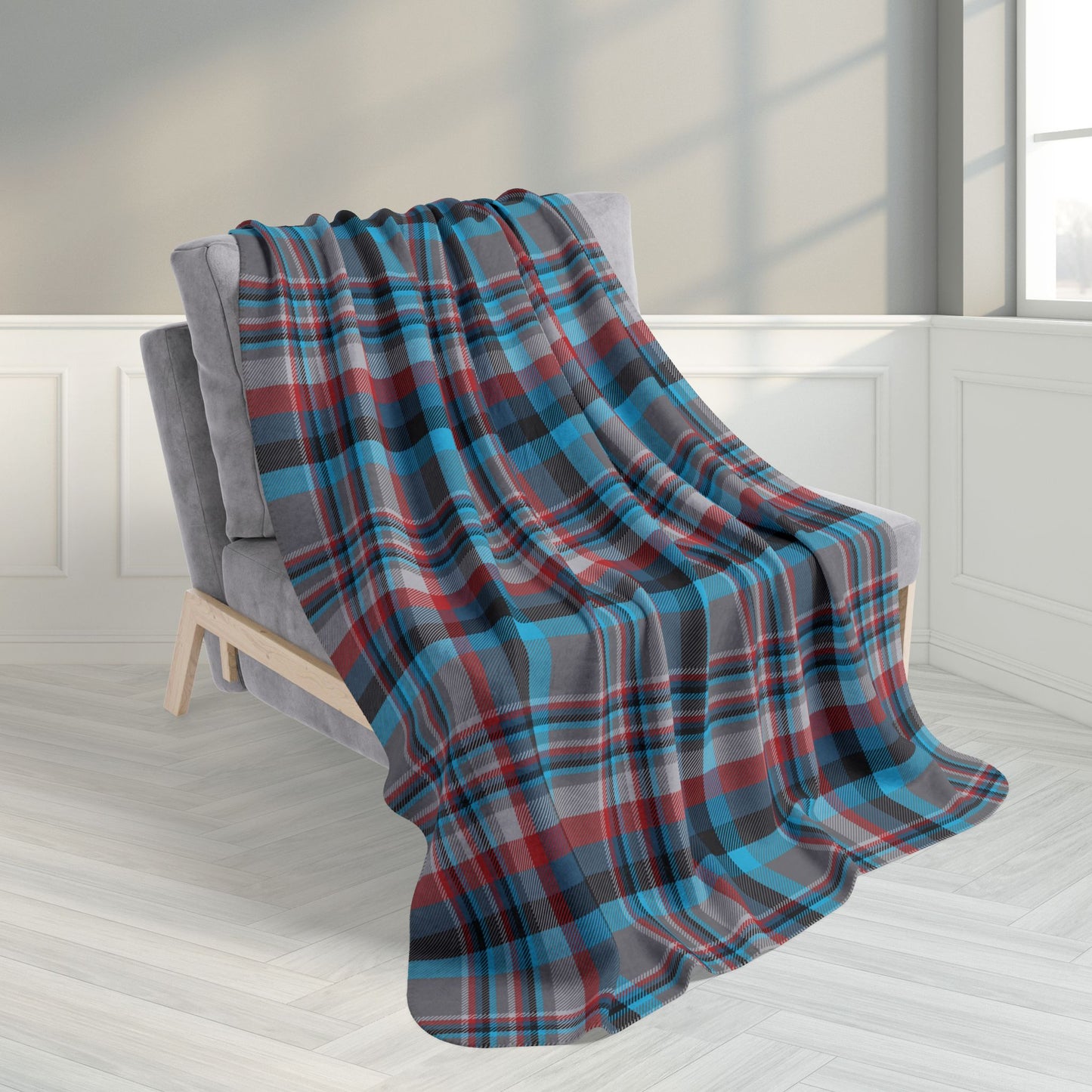 Grey, Blue & Red Orlando FL Plaid Fleece Sherpa Blanket