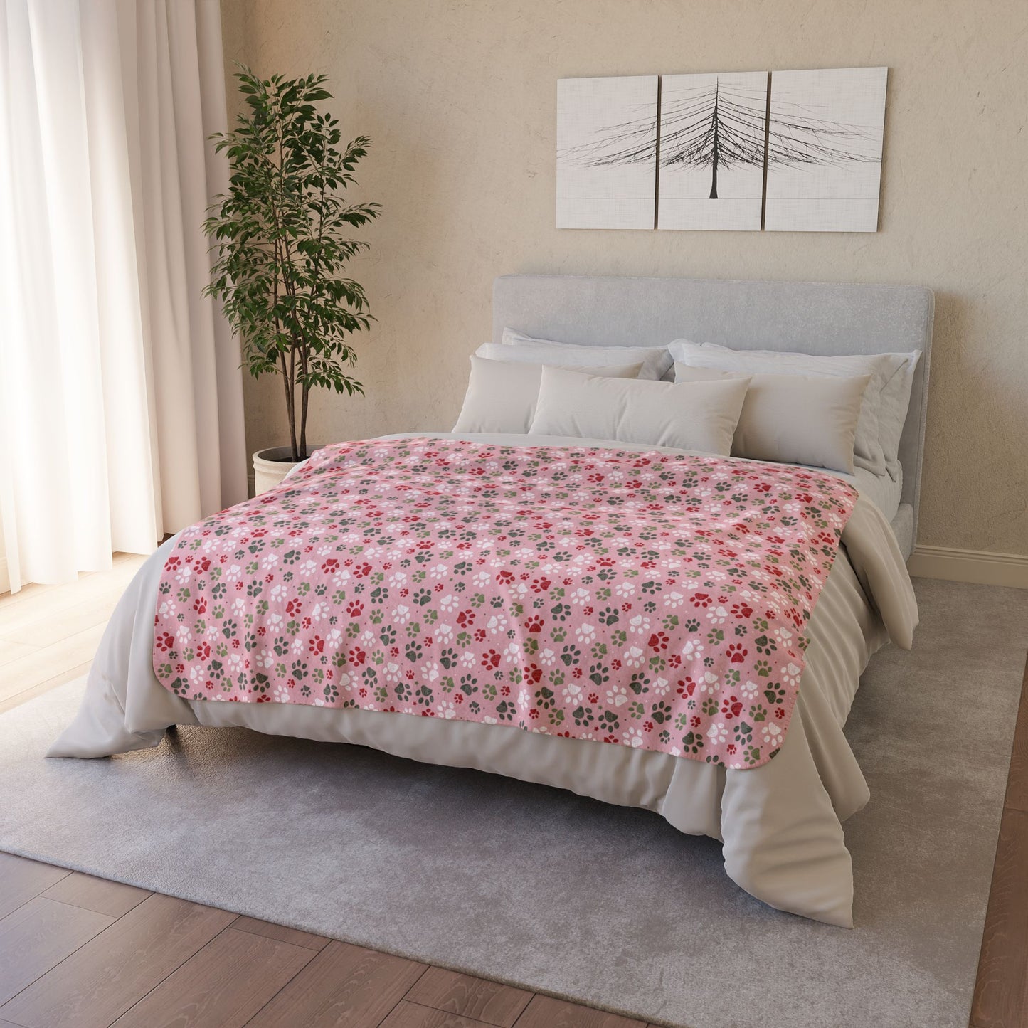 Christmas Pink & Red Paw Prints Fleece Sherpa Blanket