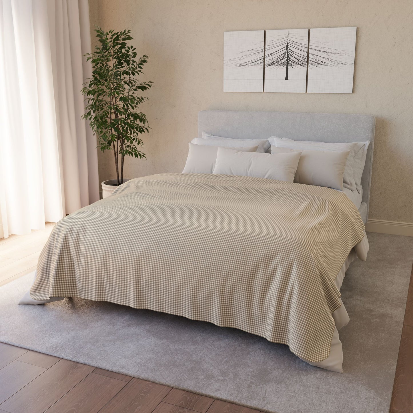Khaki & Cream Gingham Fleece Sherpa Blanket