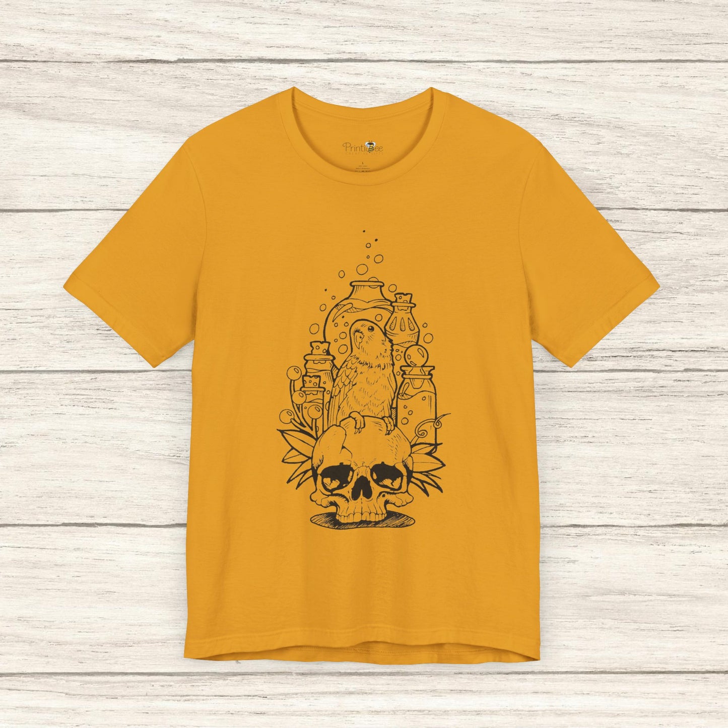 Crazy Scientist Lovebird Sitting on a Skull, Line Art Tee