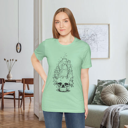 Crazy Scientist Lovebird Sitting on a Skull, Line Art Tee