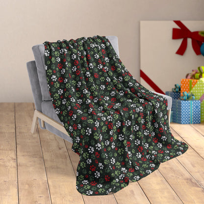 50" × 60" Christmas Classic Paw Prints Green Fleece Sherpa Blanket