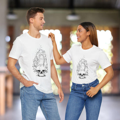 Crazy Scientist Lovebird Sitting on a Skull, Line Art Tee