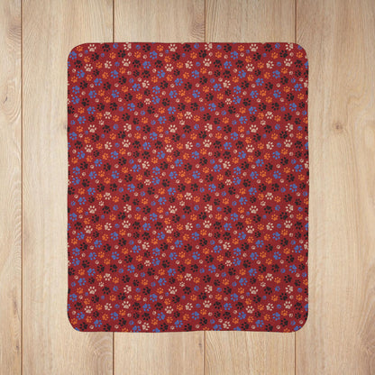 Blue & Orange Ohio Paw Prints Red Fleece Sherpa Blanket