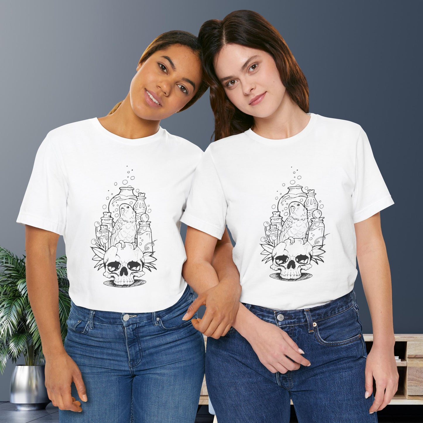 Crazy Scientist Lovebird Sitting on a Skull, Line Art Tee