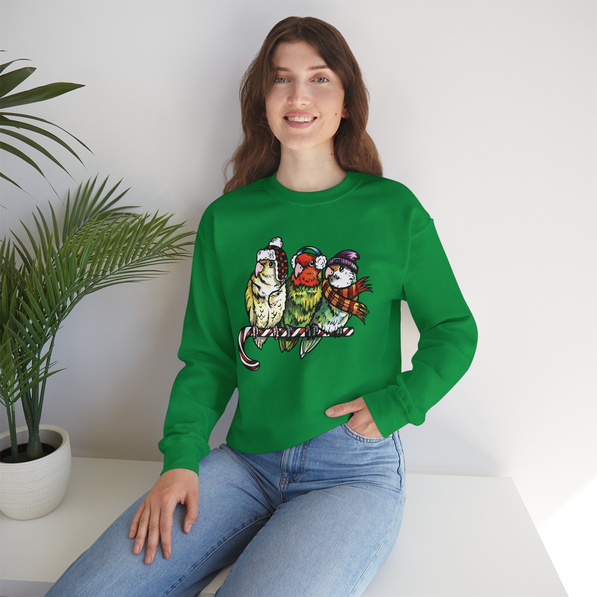 Irish Green 3 Lovebirds with Winter Wear & Perched on a Candy Cane, Crew Neck Sweatshirt