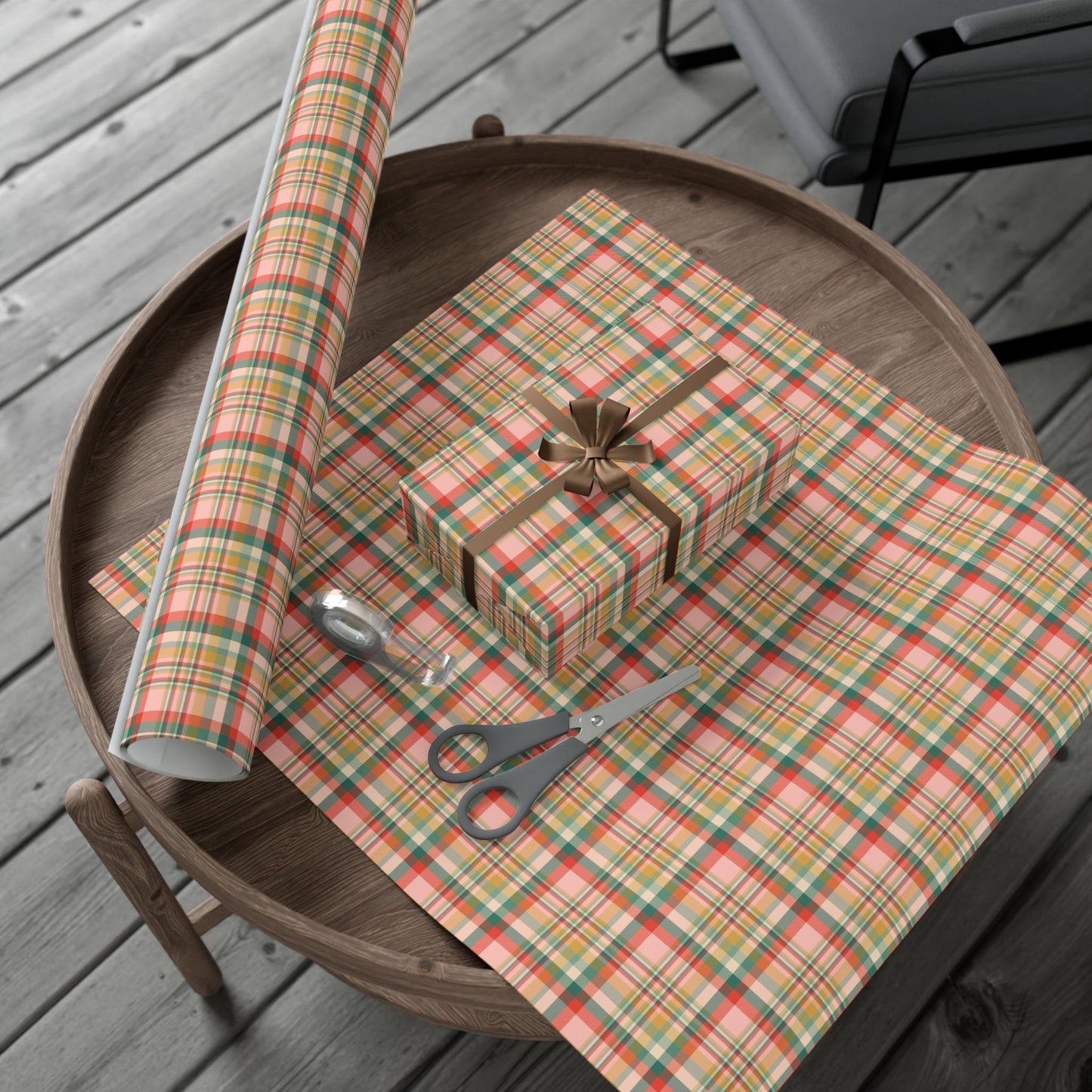 MCM Christmas Peachy Green & Red Plaid Gift Wrapping Paper Roll