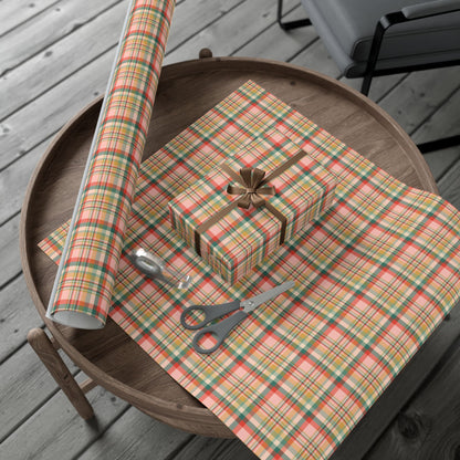 MCM Christmas Peachy Green & Red Plaid Gift Wrapping Paper Roll