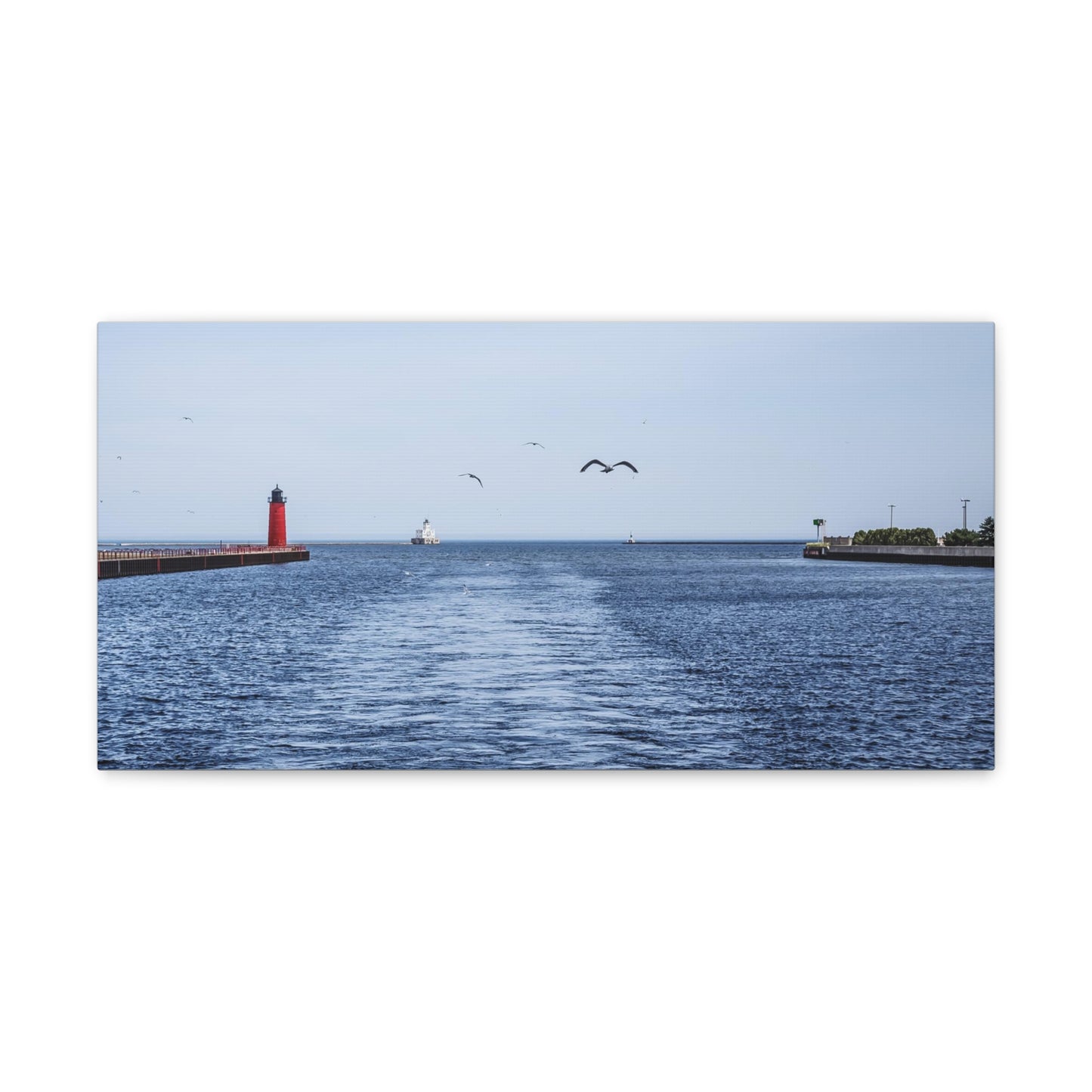 Milwaukee Pierhead Light &amp; Breakwater Lighthouse con gaviotas, fotografía lienzo envoltura arte de pared