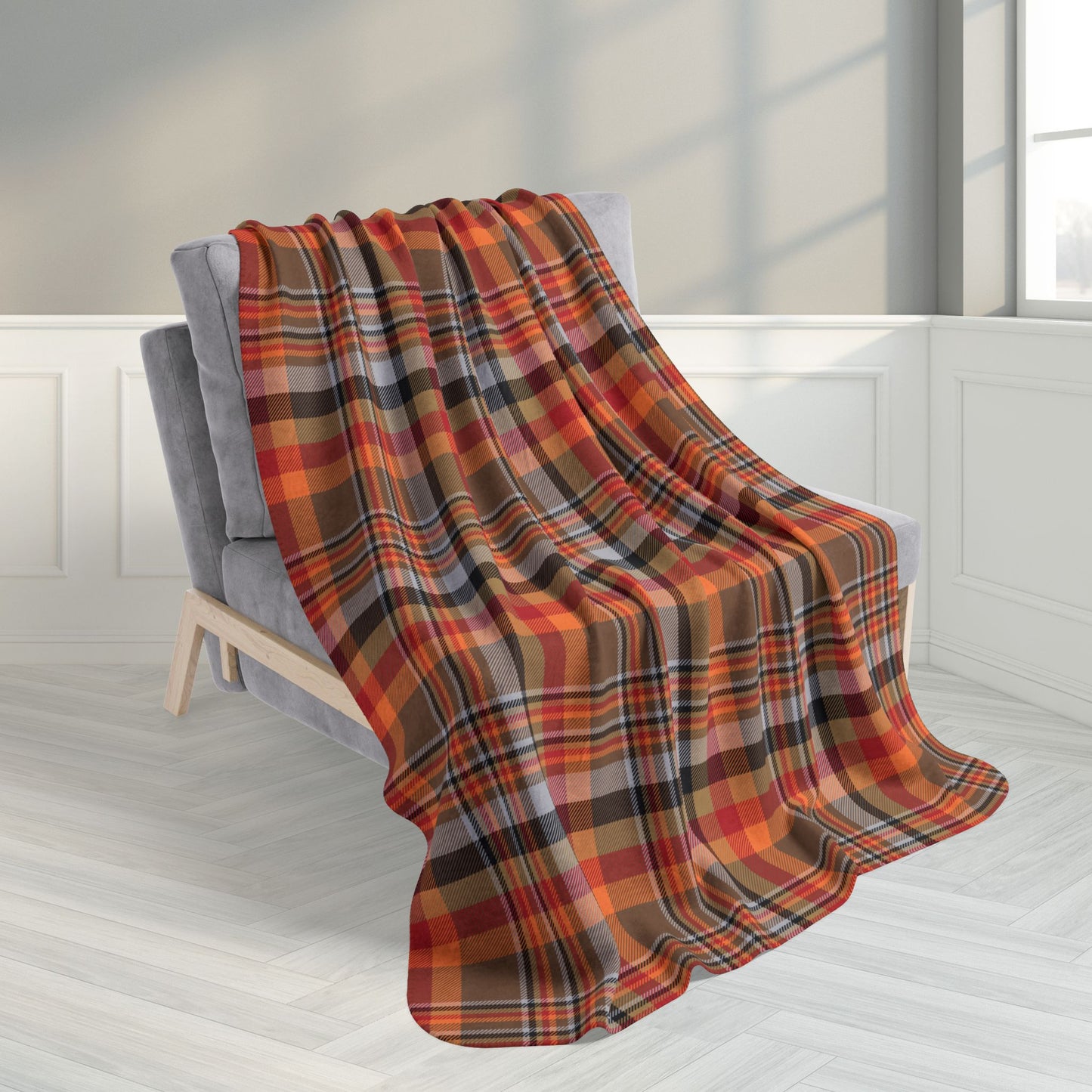 50" × 60" Brown & Orange Gurnee IL Plaid Fleece Sherpa Blanket