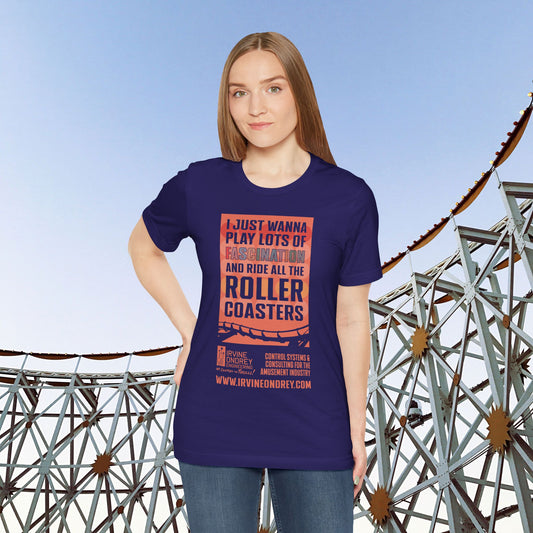 Team Navy I Just Wanna Play Fascination & Ride Roller Coasters Tee (FRONT graphic) • Irvine Ondrey Engineering