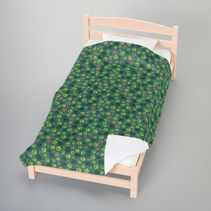 Light Green & Pink Ohio Paw Prints Velveteen Plush Blanket