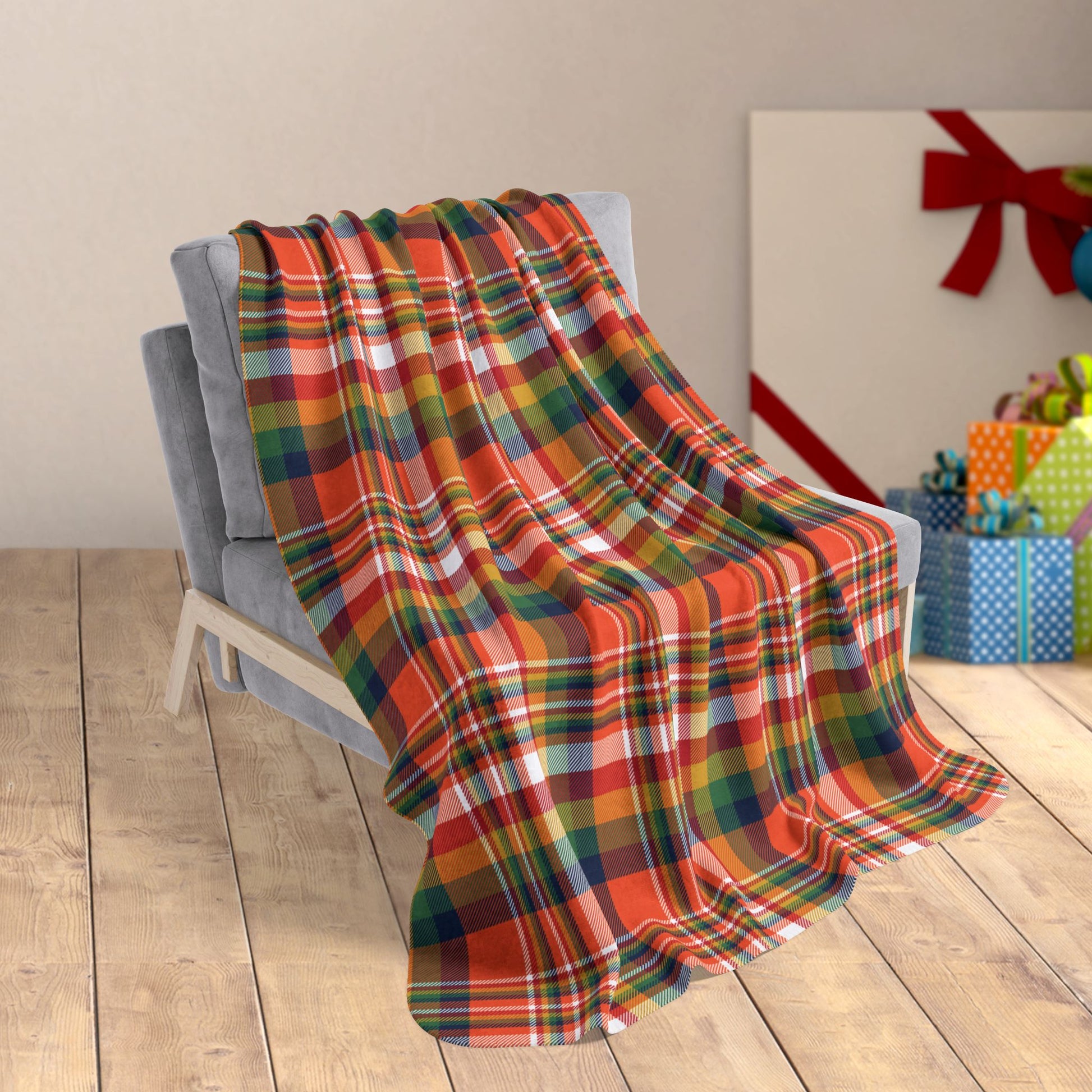 Christmas Orange & Blue Denver CO Plaid Fleece Sherpa Blanket