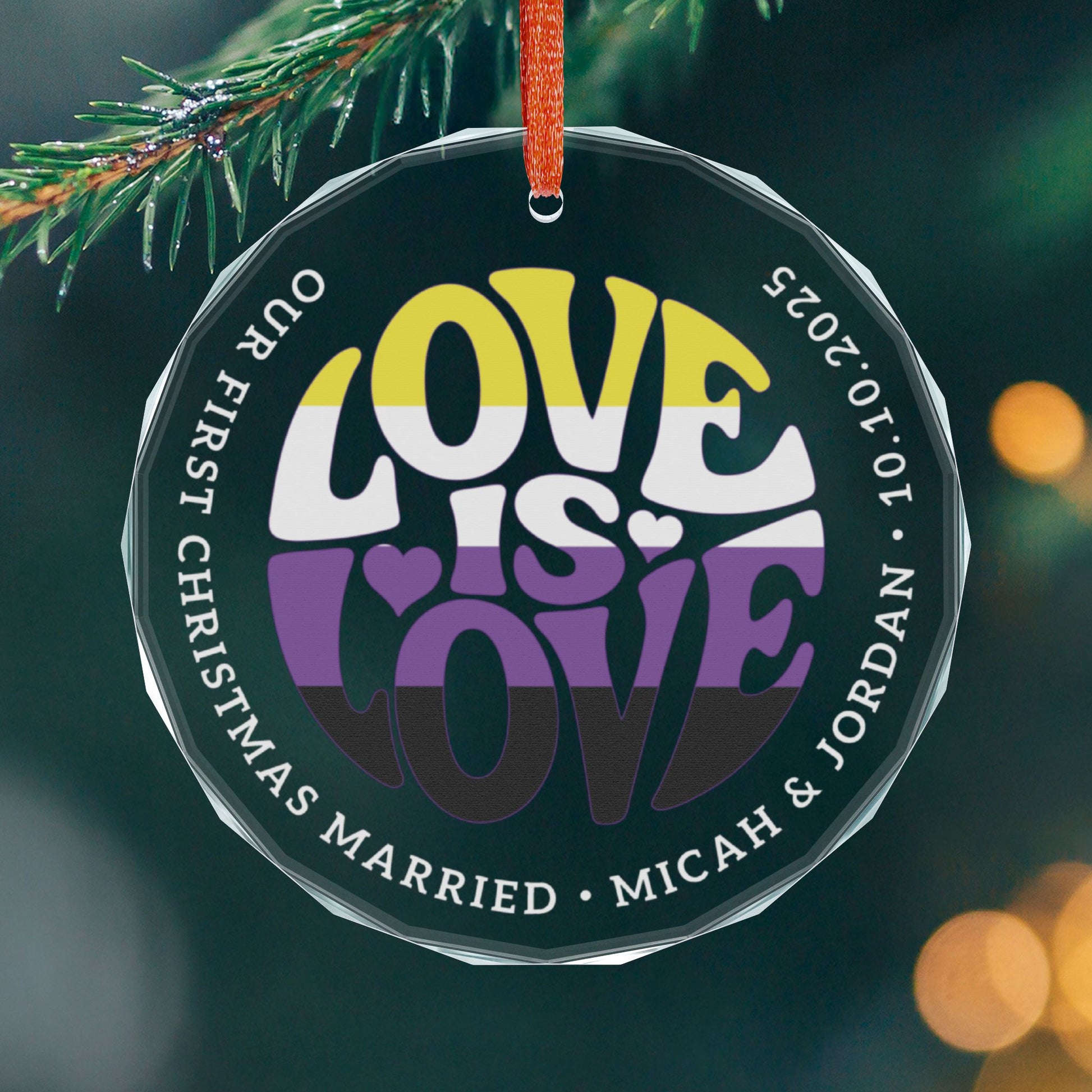Round One size Custom Crystal Love is Love Non-Binary Pride 3" Circle Ornament