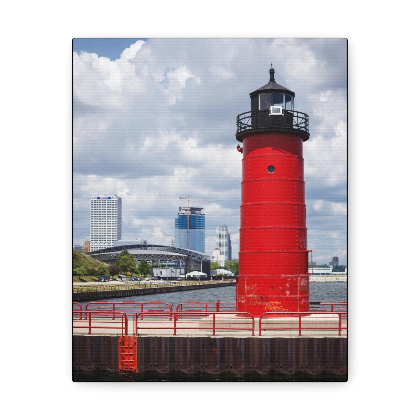 Faro y horizonte de Milwaukee Wisconsin; Milwaukee Pierhead Light, fotografía lienzo envoltura arte de pared