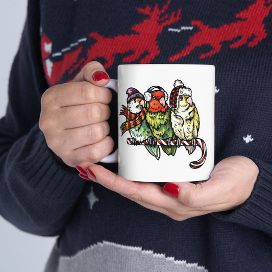 3 Lovebirds With Winter Wear & Perched on a Candy Cane, 11oz or 15oz Mug