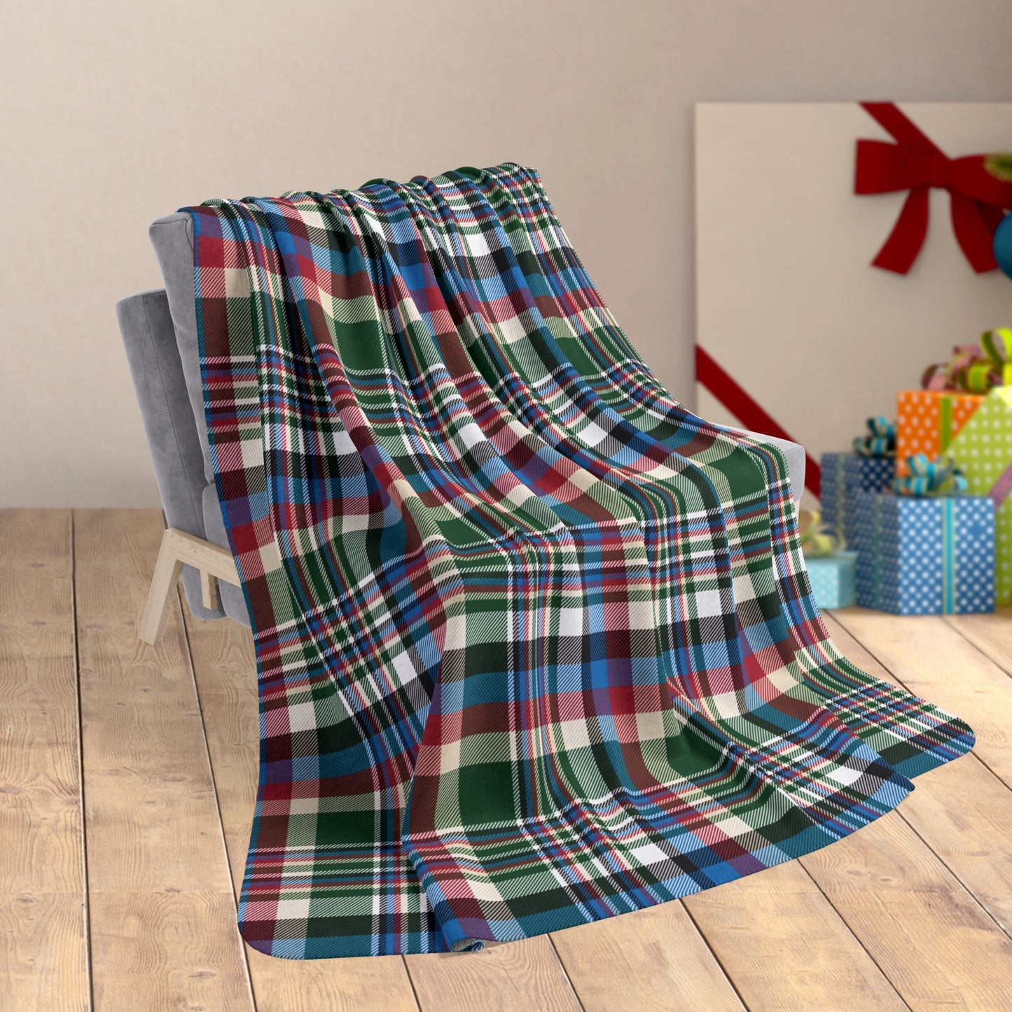 Christmas Green & Cream Plaid Milwaukee WI Fleece Sherpa Blanket