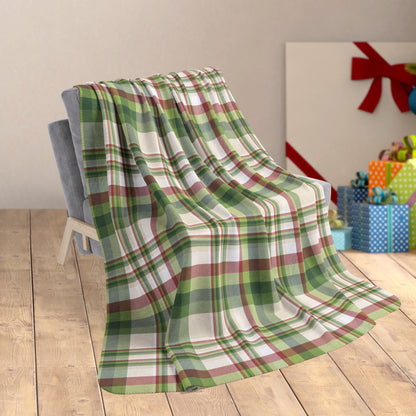 60" × 80" Christmas Green & Cream Plaid Fleece Sherpa Blanket