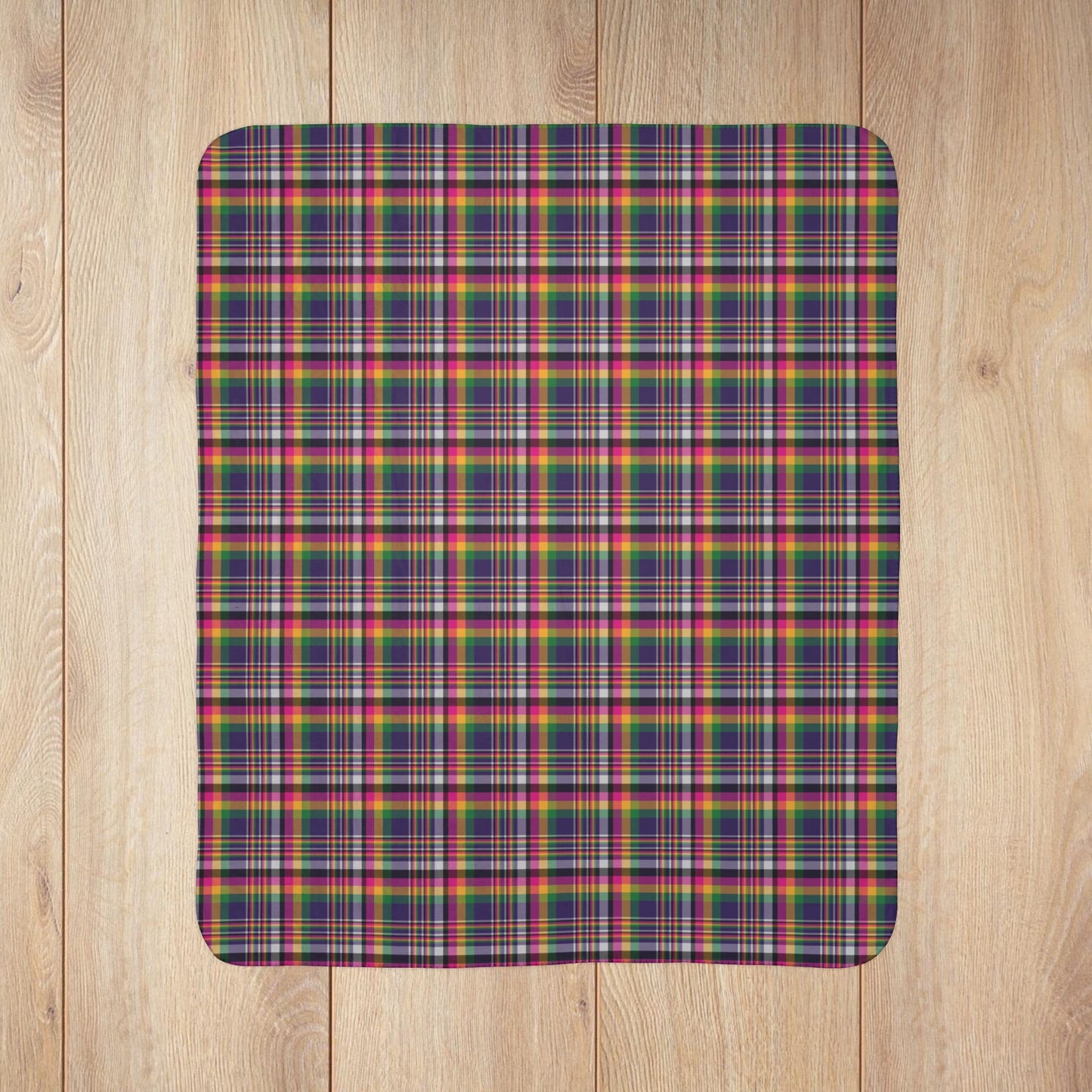 50" × 60" Grey Mardi Gras Pink Plaid Fleece Sherpa Blanket