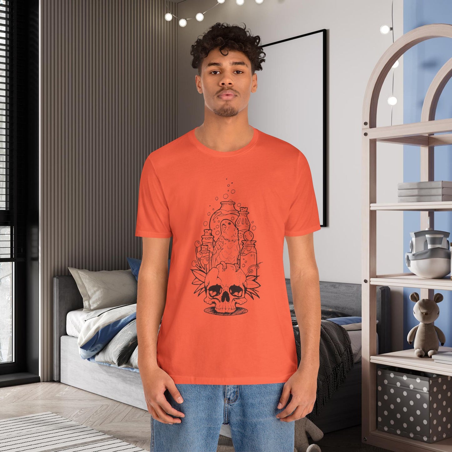 Crazy Scientist Lovebird Sitting on a Skull, Line Art Tee