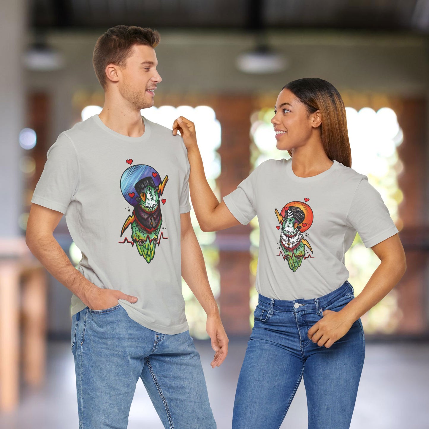 Set of 2: Silver Frankenstein & Bride of Frankenstein Lovebirds, Hand-Drawn & Hand-Colored Tees