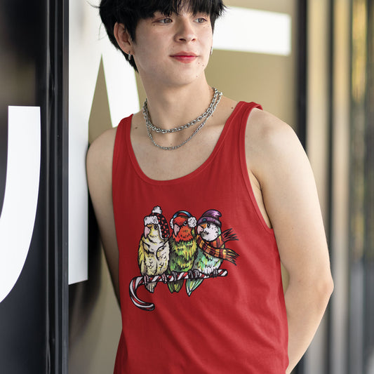3 Lovebirds in Winter Wear & Perched on a Candy Cane, Unisex Jersey Tank Top