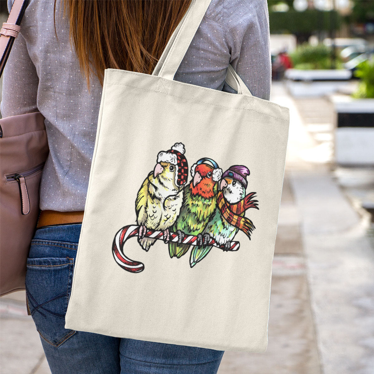 3 Lovebirds with Winter Wear & Perched on a Candy Cane, Cotton Canvas Tote Bag