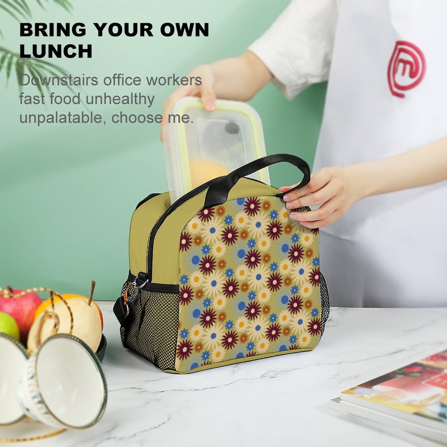 70s Floral Retro | Insulated Lunch Crossbody Bag with Strap for Office School Picnic (All-Over Printing)