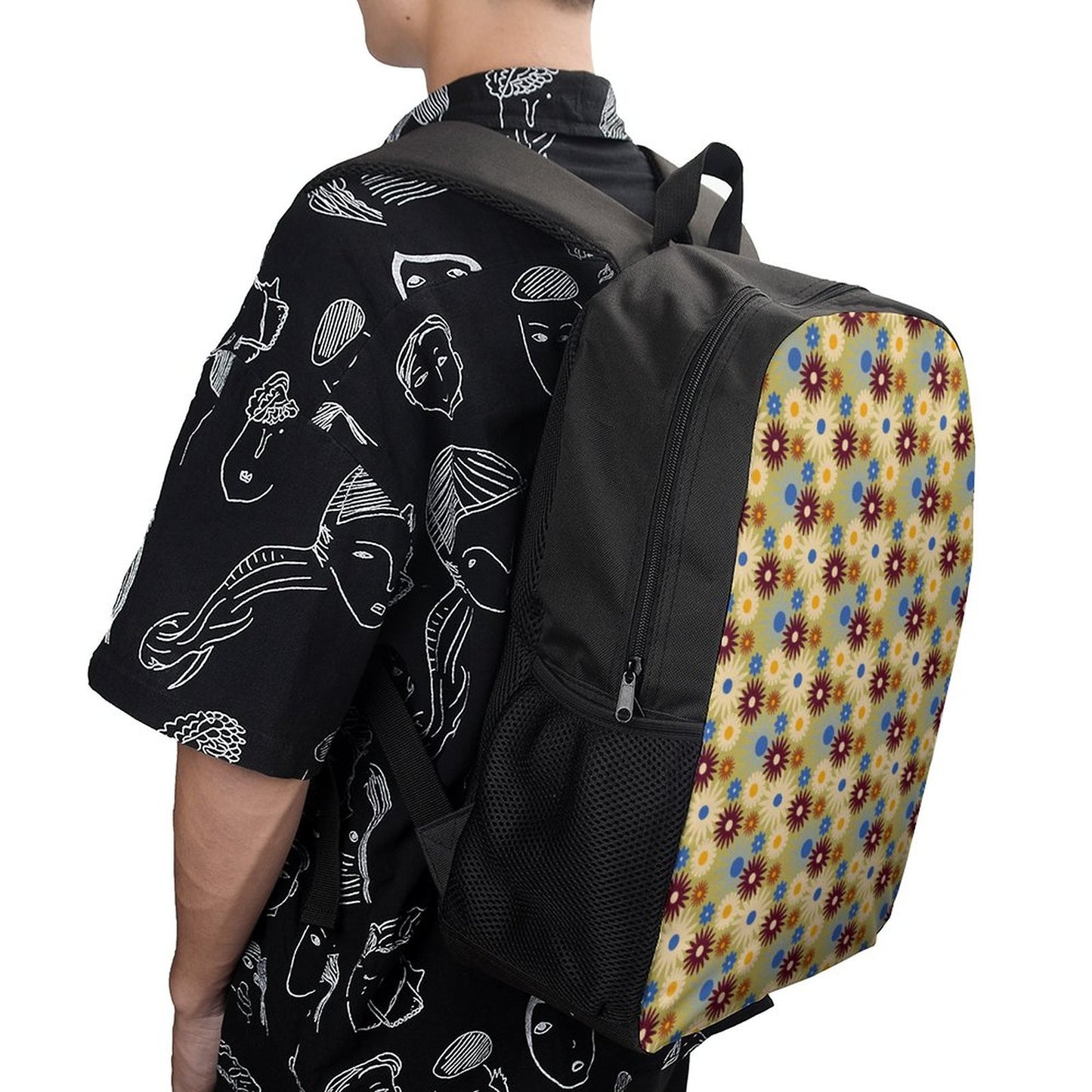 70s Floral Retro | 17 inch Black Schoolbag & Shoulder Backpack