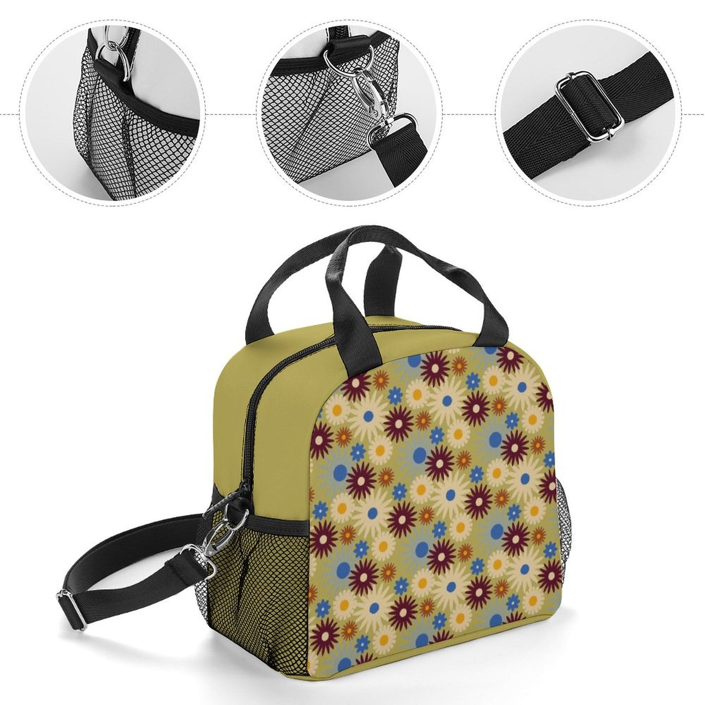 70s Floral Retro | Insulated Lunch Crossbody Bag with Strap for Office School Picnic (All-Over Printing)