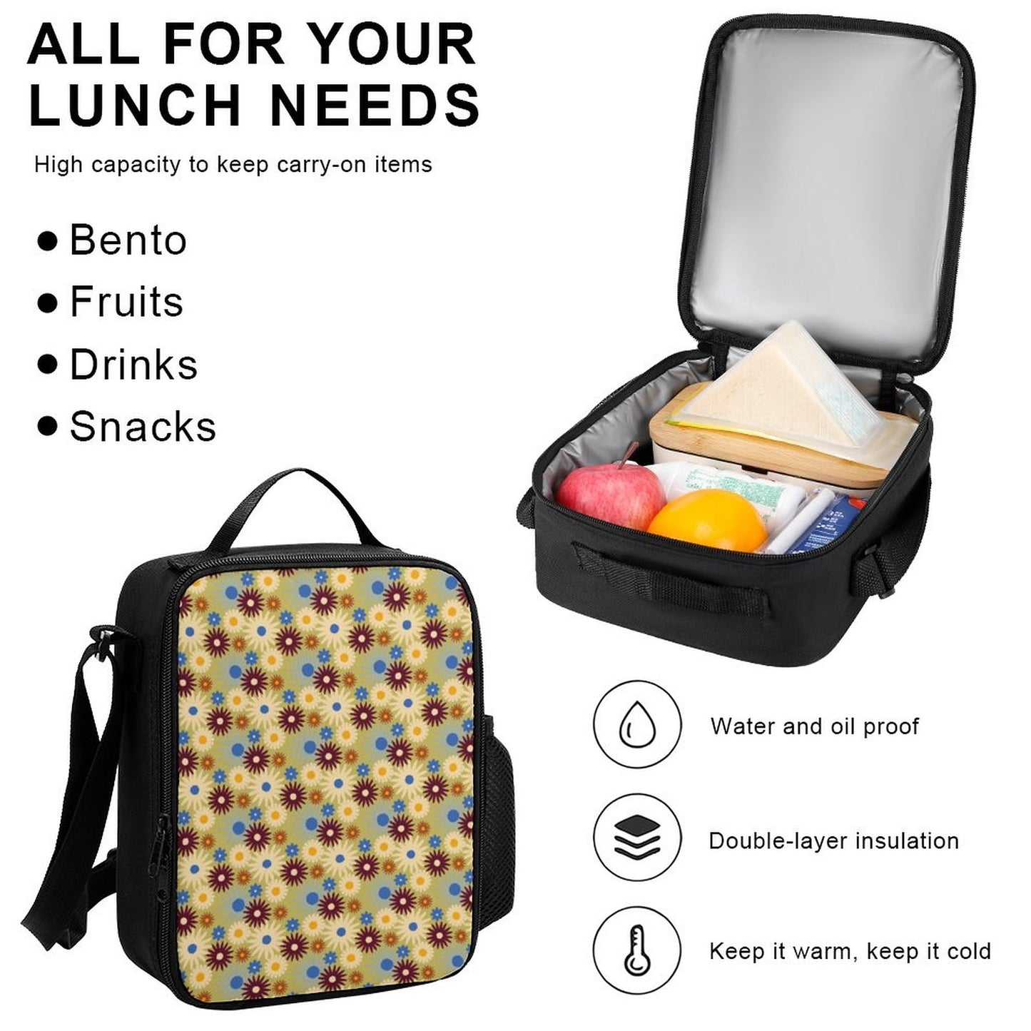 70s Floral Retro | Set of 3 Bags (Shoulder Bag Lunch Bag & Pencil Pouch)