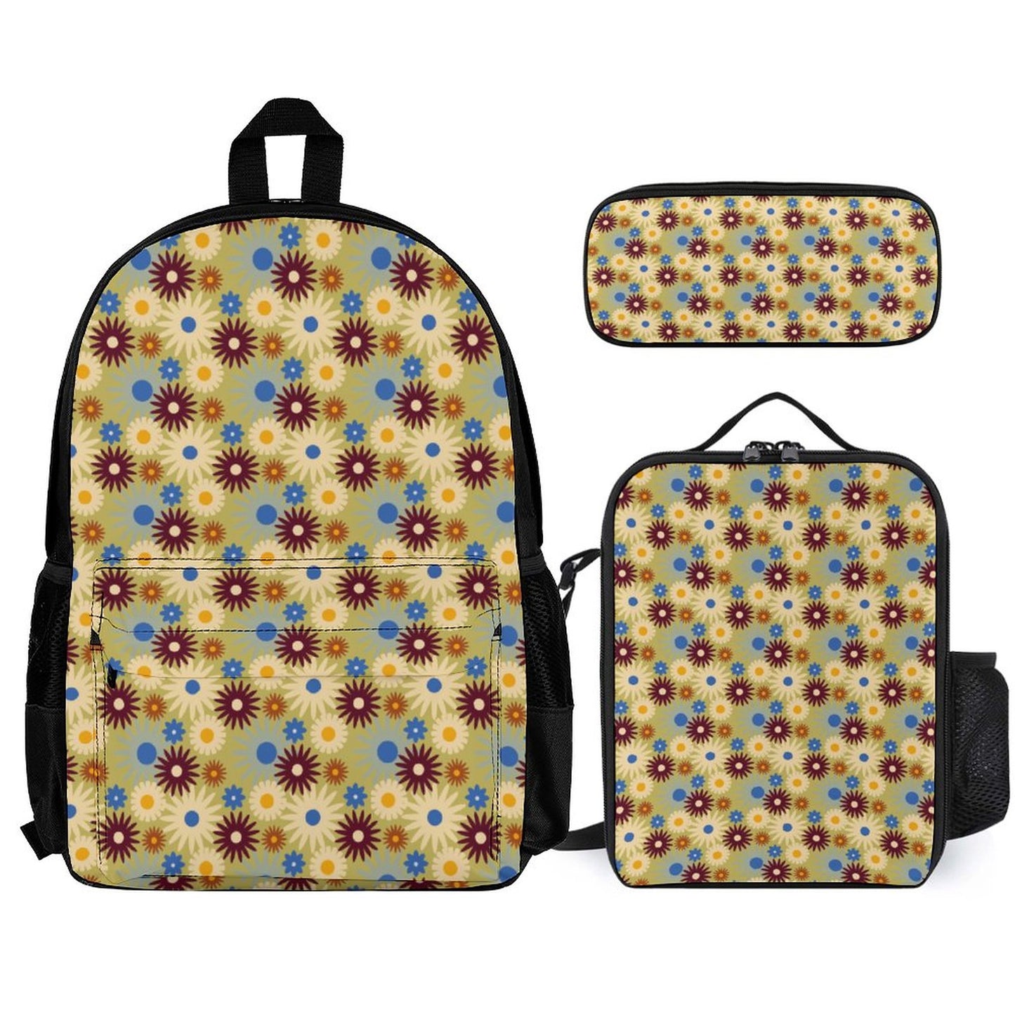70s Floral Retro | Set of 3 Bags (Shoulder Bag Lunch Bag & Pencil Pouch)