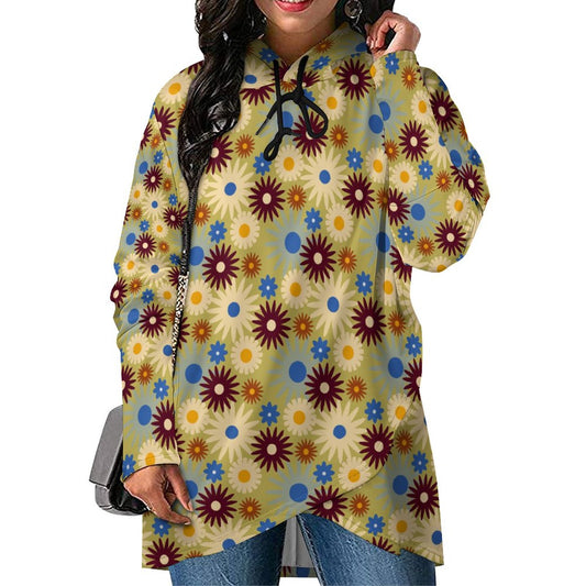 70s Floral Retro | Poncho-style Long Sleeve Women Hoodie with Irregular Hem DS001 (All-Over Printing)