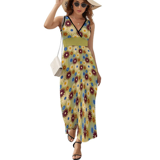 70s Floral Retro | V Neck Sleeveless Dress NZ028 (All-Over Printing)