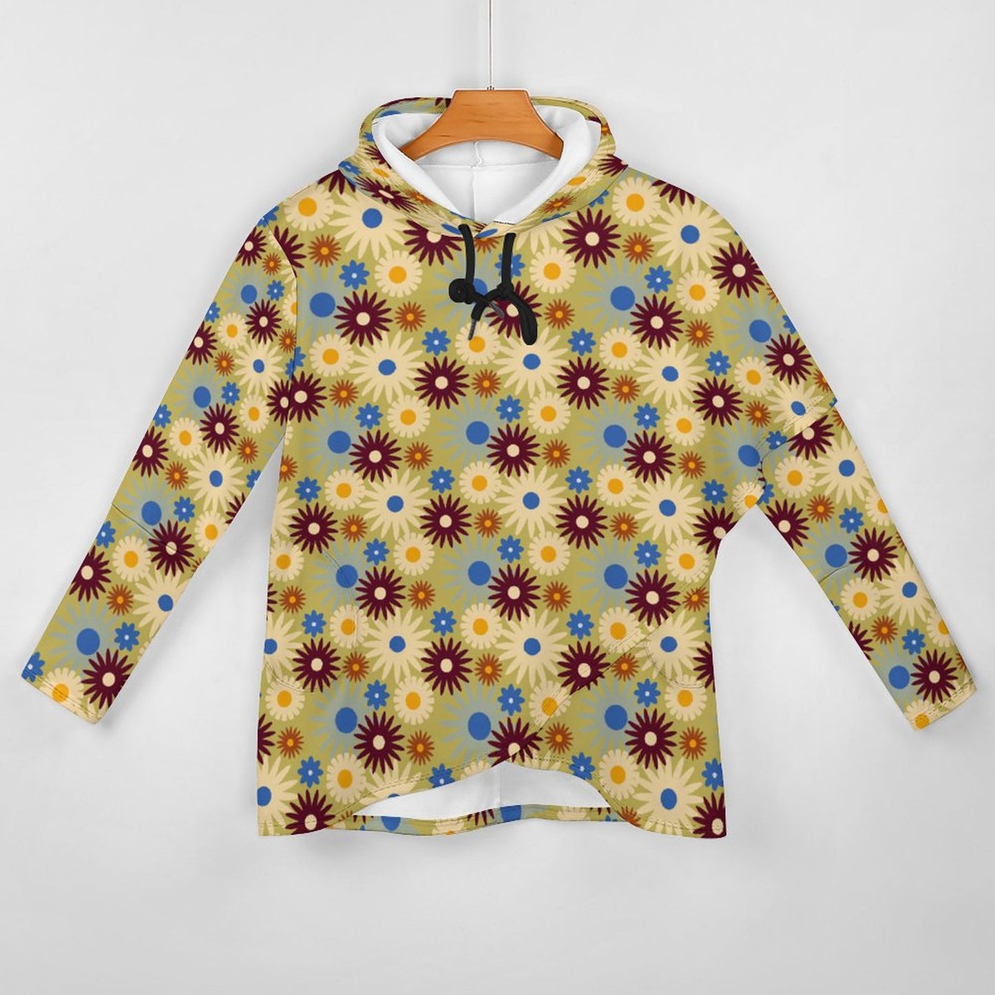 70s Floral Retro | Poncho-style Long Sleeve Women Hoodie with Irregular Hem DS001 (All-Over Printing)
