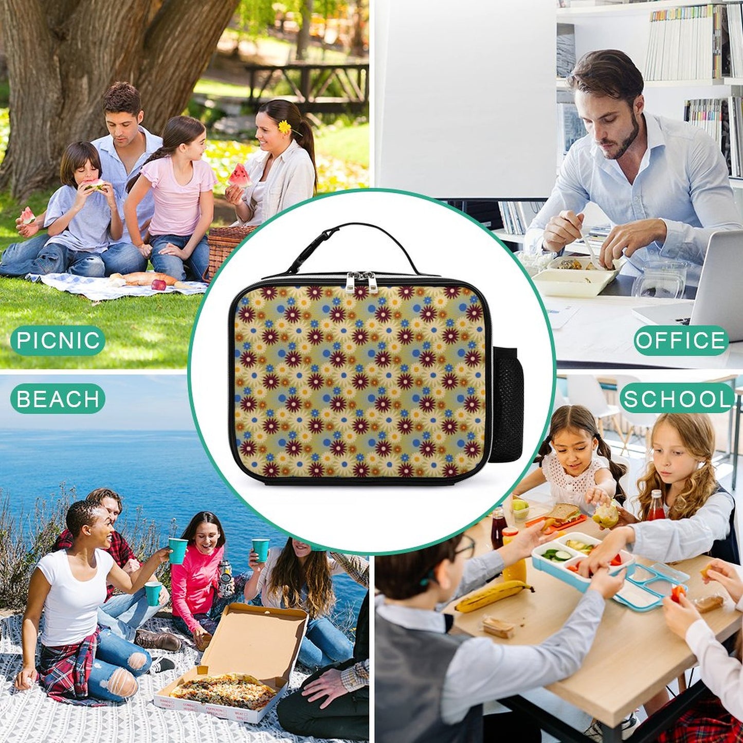 70s Floral Retro | PU Leak-proof Lunch Bag with Detachable Buckled Handle