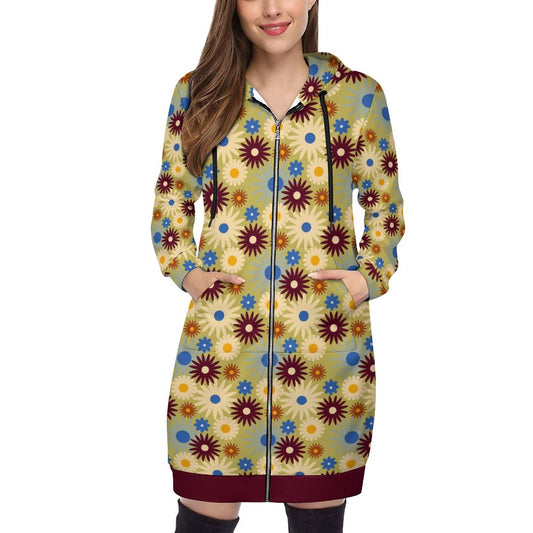 70s Floral Retro | Full Zipper Long Sleeve Hoodie DS002  (All-Over Printing)