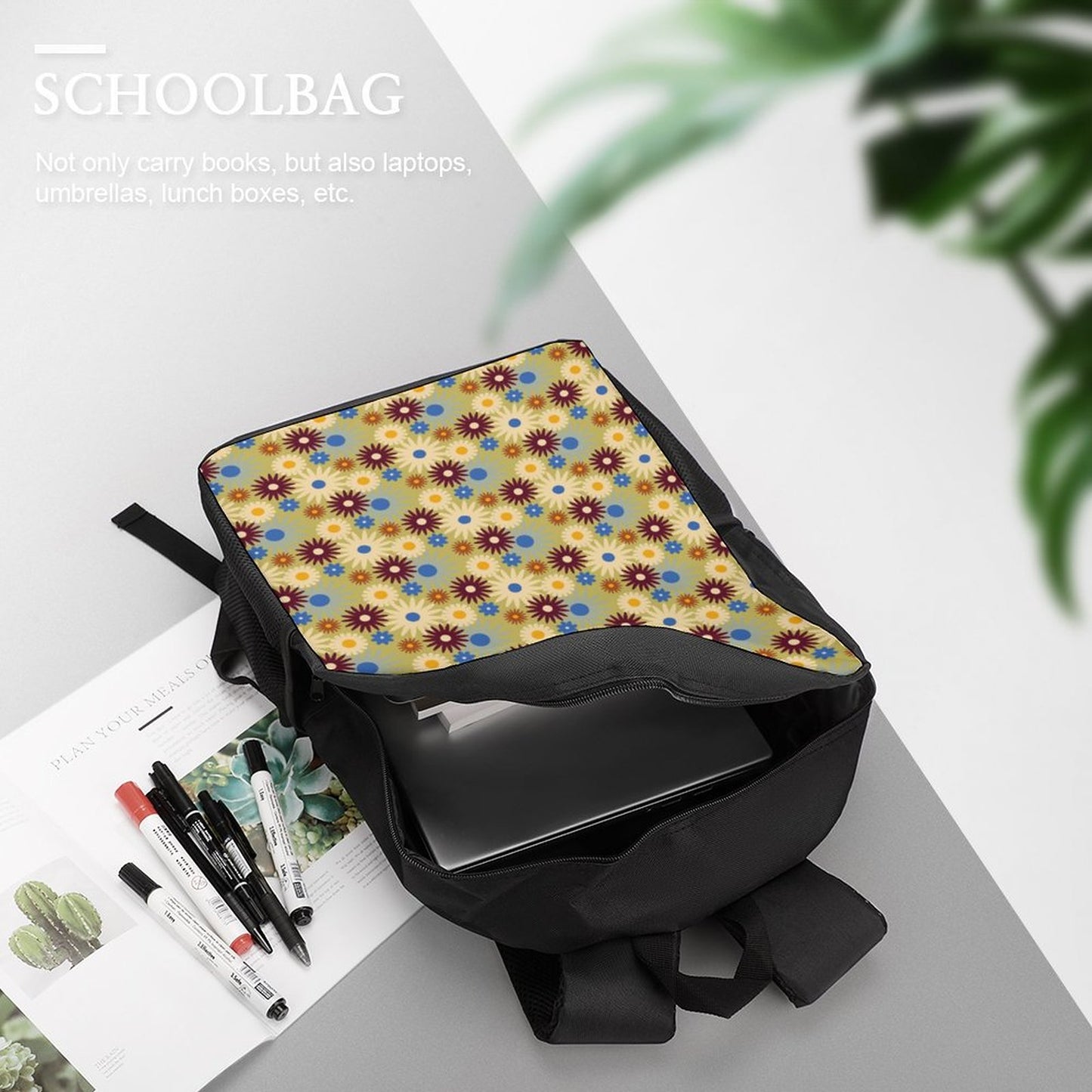 70s Floral Retro | 17 inch Black Schoolbag & Shoulder Backpack