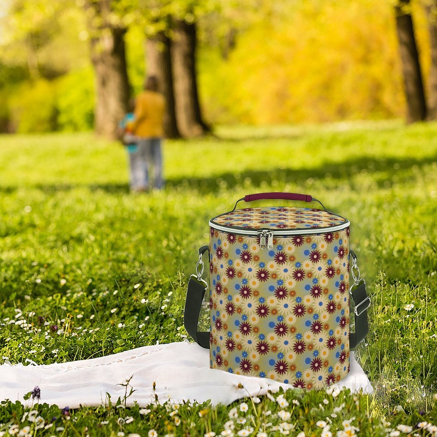 70s Floral Retro | Round Collapsible Insulated Cooler Bag with Shoulder Strap A018 (All-Over Printing)