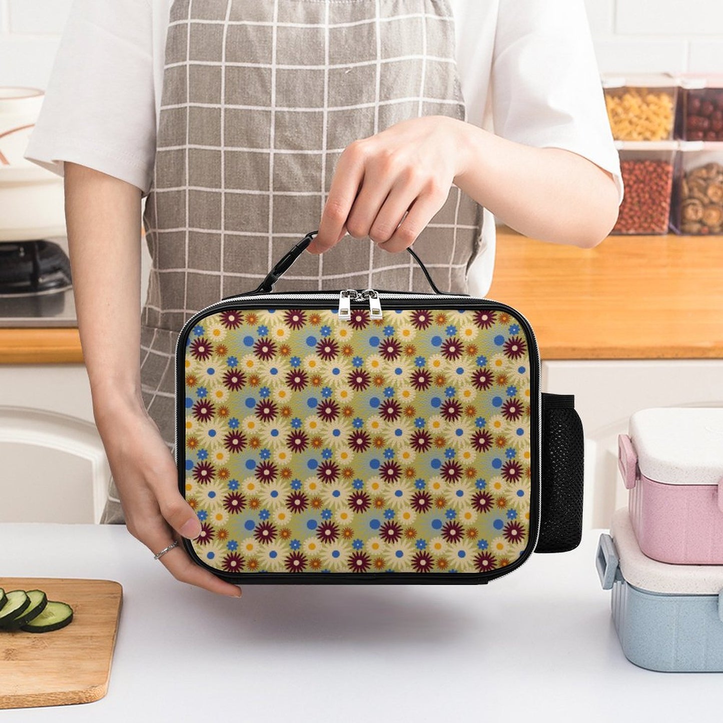 70s Floral Retro | PU Leak-proof Lunch Bag with Detachable Buckled Handle